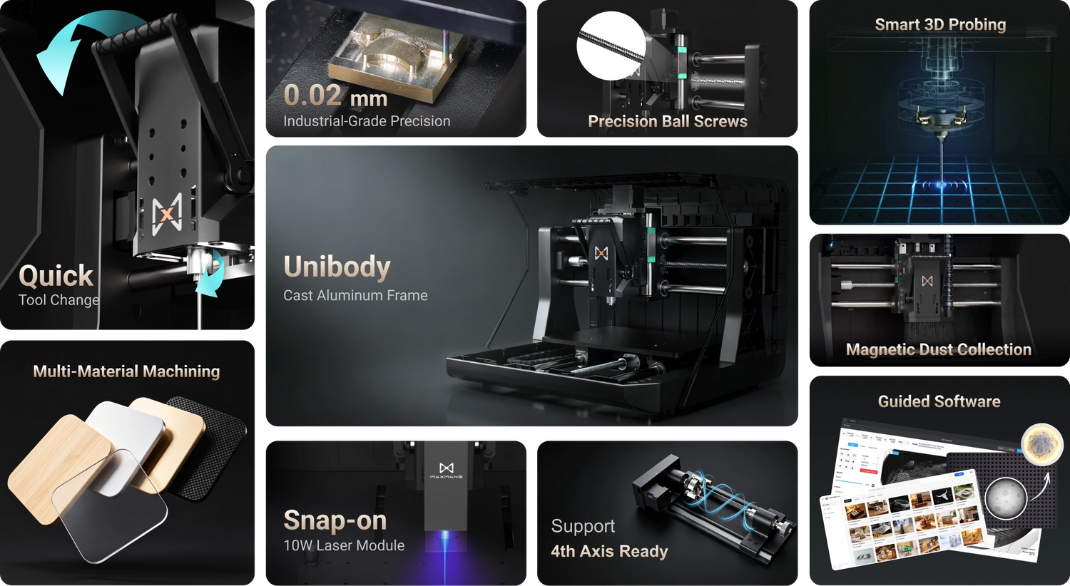Comprehensive feature overview of the MAXMAKE HiMill D1S desktop CNC, highlighting its unibody cast aluminum frame, quick tool change system, precision ball screws, and 0.02mm industrial-grade precision.