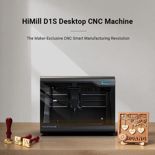 "MAXMAKE HiMill D1S Desktop CNC Machine product card, the maker-exclusive smart manufacturing revolution, displayed with custom engraved wood and stamp projects"