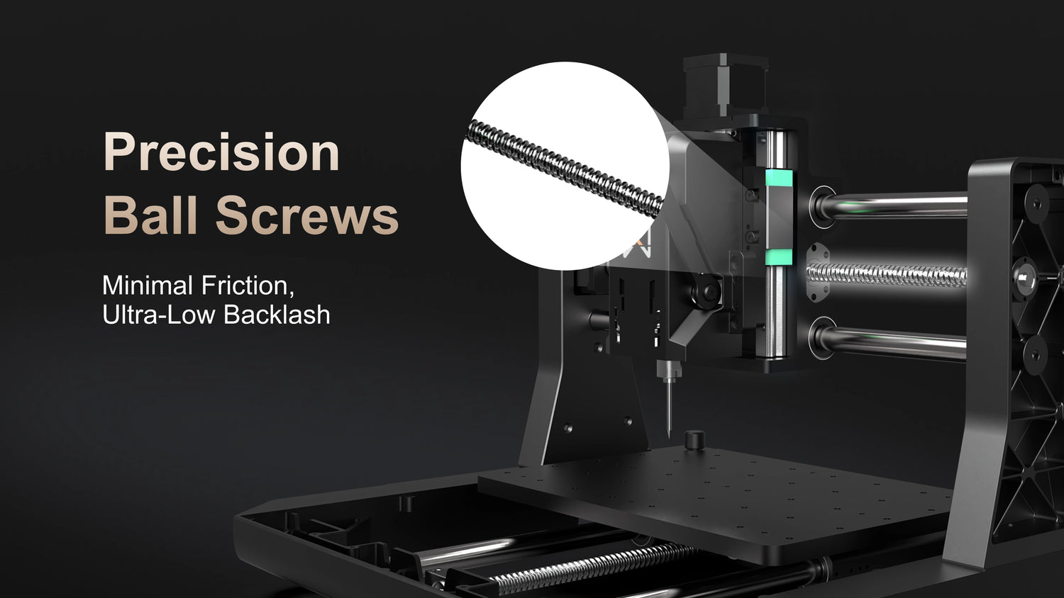Close-up of the precision ball screws on the MAXMAKE HiMill D1S desktop CNC machine, designed for minimal friction and ultra-low backlash.