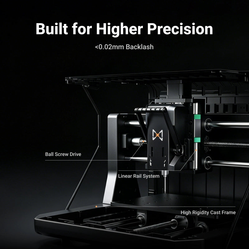 Internal hardware view of the MAXMAKE HiMill D1S desktop CNC, highlighting industrial ball screws, heavy-duty linear rails, and a rigid cast aluminum frame.