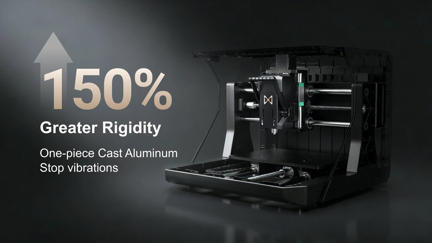 The one-piece cast aluminum frame of the MAXMAKE HiMill D1S desktop CNC machine, delivering 150% greater rigidity to stop machining vibrations.
