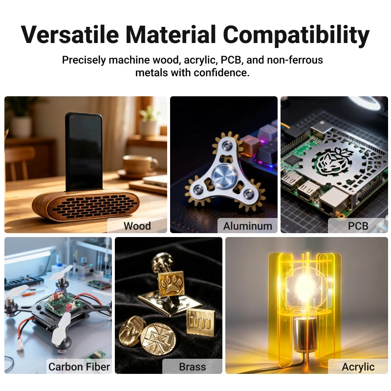 MAXMAKE HiMill D1S desktop CNC machine versatile material compatibility, showing finished projects in wood, aluminum, brass, acrylic, and PCB.