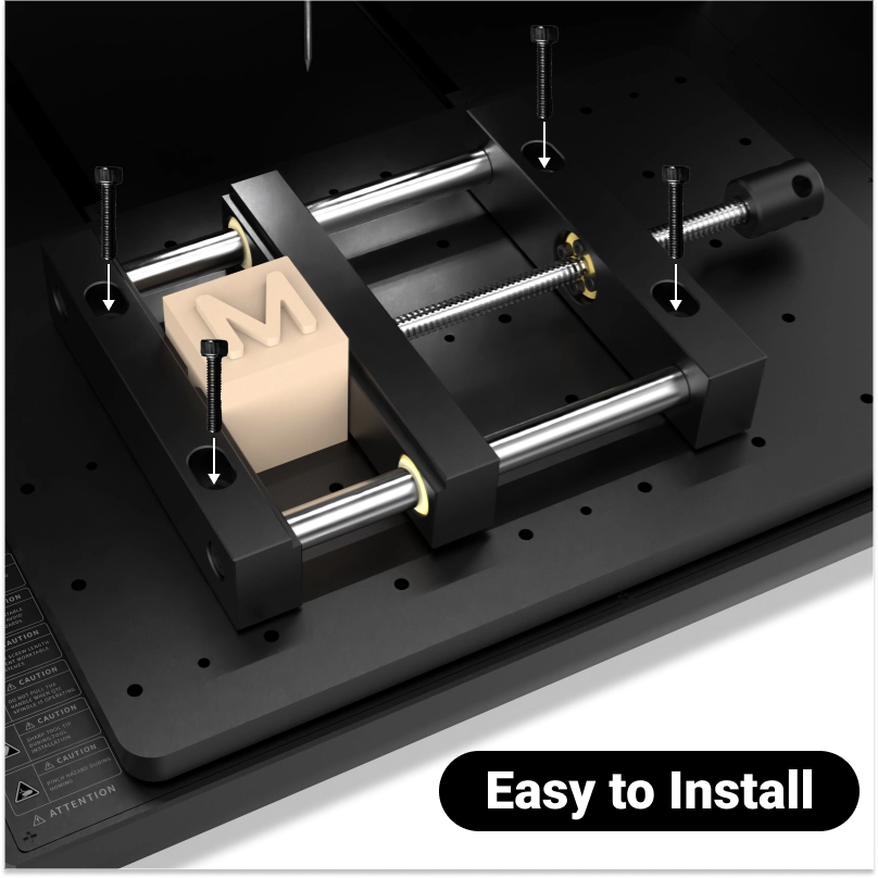 MAXMAKE HiMill flat-jaw vise securing a square wooden workpiece firmly for precise CNC carving.