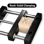 Close-up view of the MAXMAKE precision flat-jaw vise, highlighting its rock-solid clamping and robust steel guide rails.
