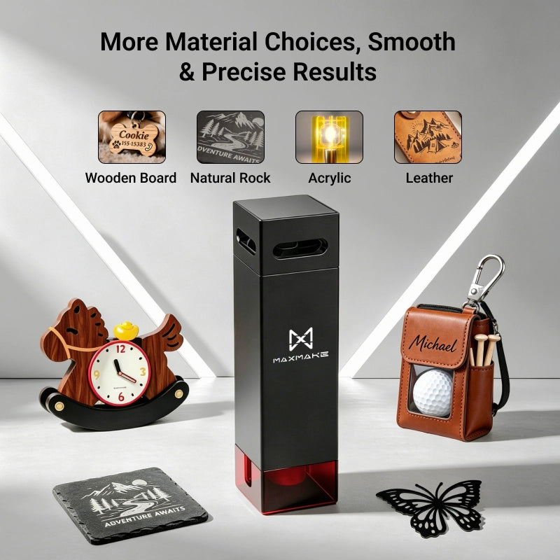 MAXMAKE laser module showcasing smooth and precise engraving results on various materials like wood, rock, acrylic, and leather.