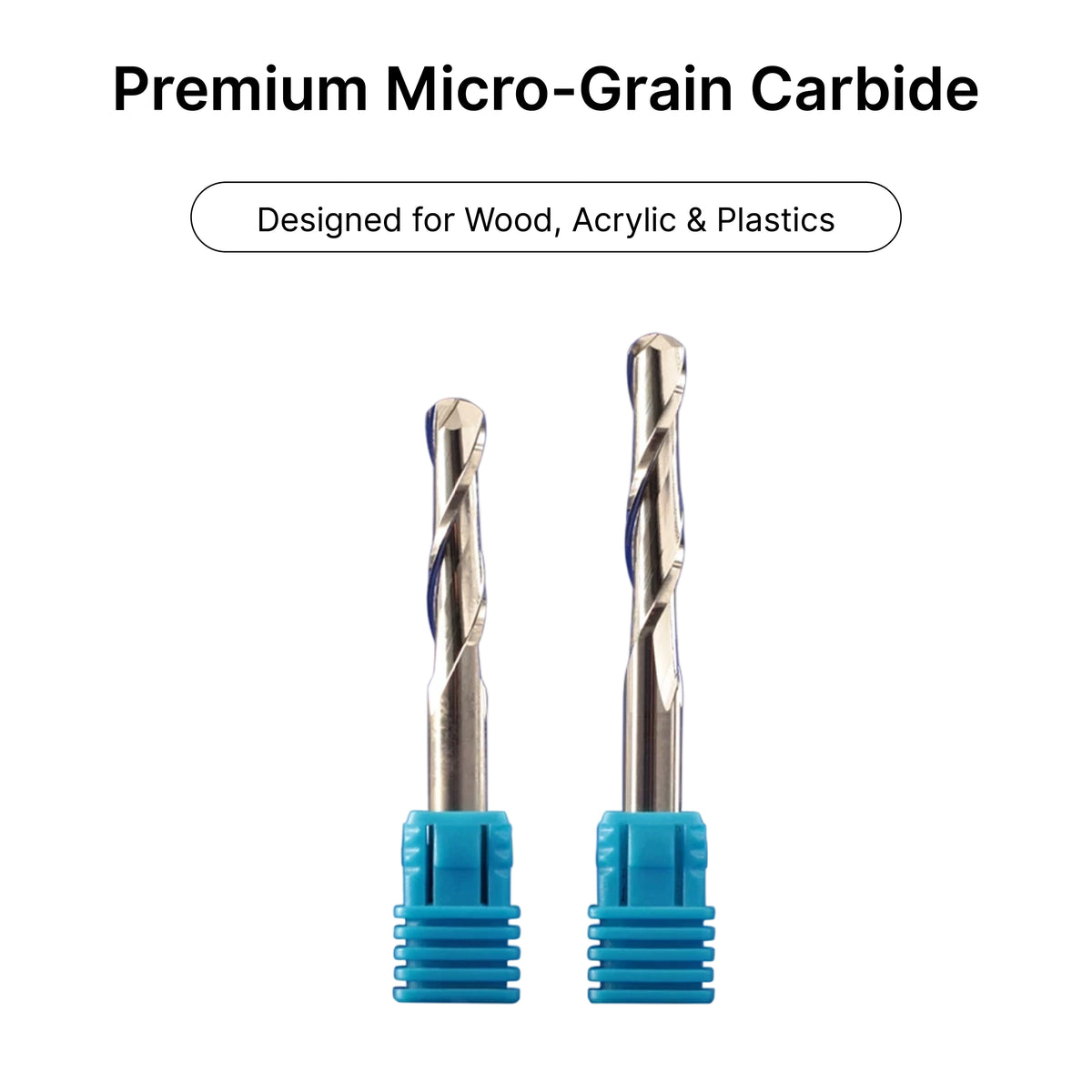 Premium micro-grain solid carbide 2-flute ball nose end mills, designed for cutting non-metals like plastics and wood.
