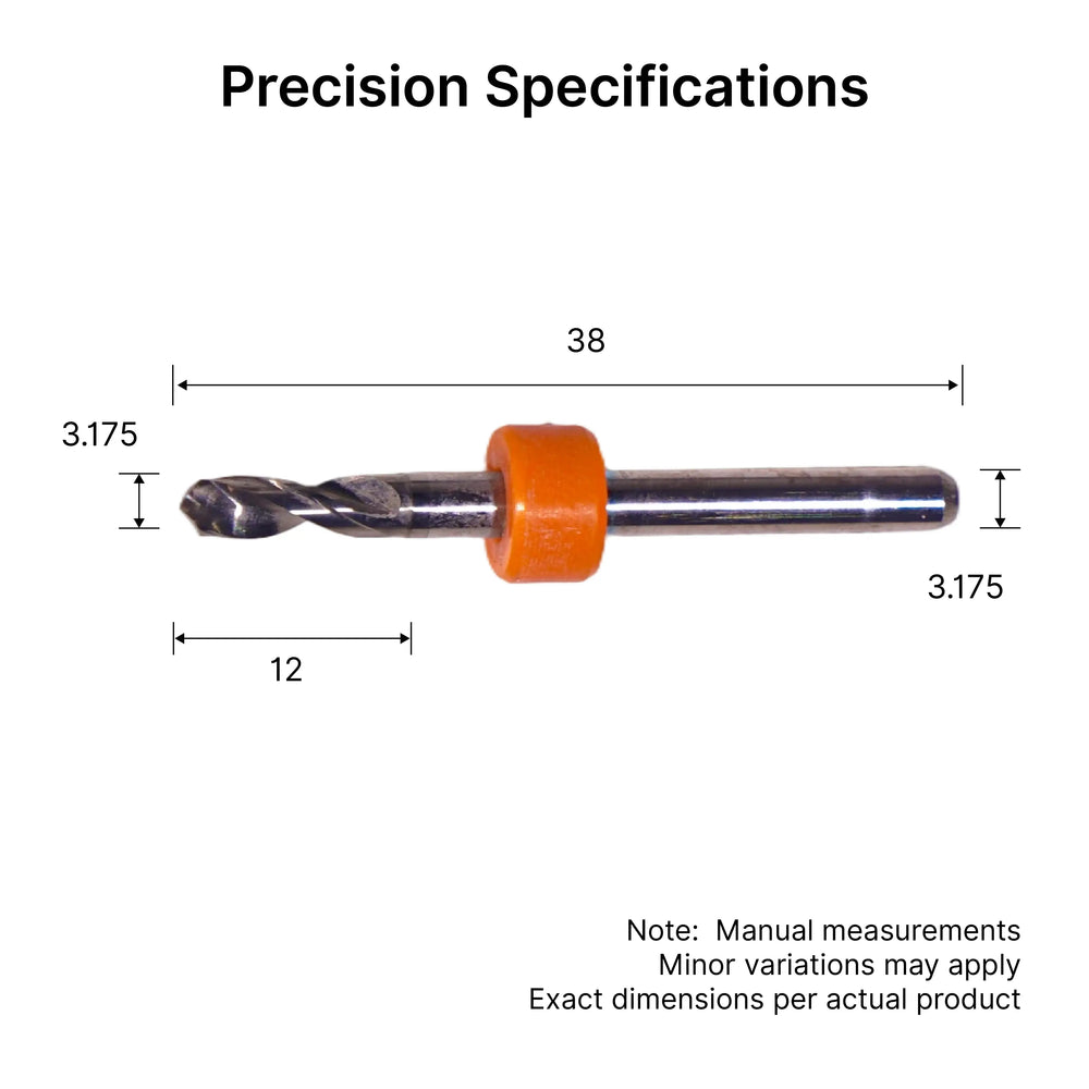PCB Drill Bit Specifications: 3.175mm Shank, 12mm Flute Length, 38mm Overall Length Dimensions