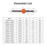 Specifications and size chart for 3.175mm shank micro PCB drill bits, showing cutting diameters from 0.5mm to 3.175mm.
