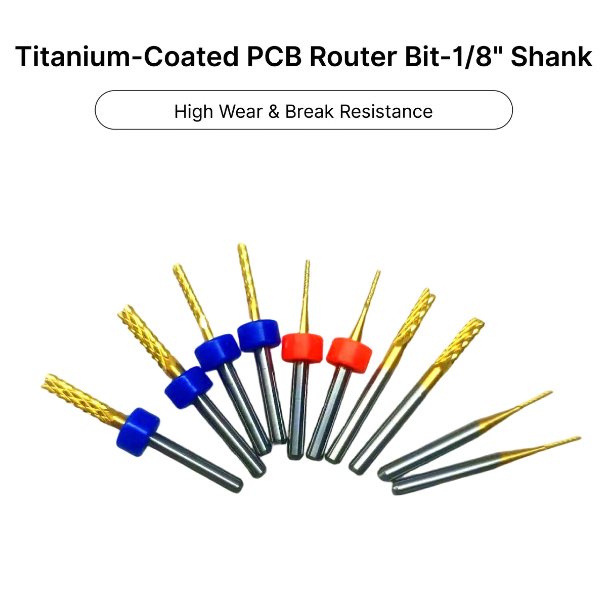 TiN coated PCB router bits featuring colorful depth positioning rings for high wear and break resistance.