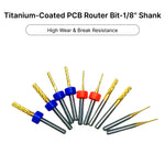 TiN coated PCB router bits featuring colorful depth positioning rings for high wear and break resistance.