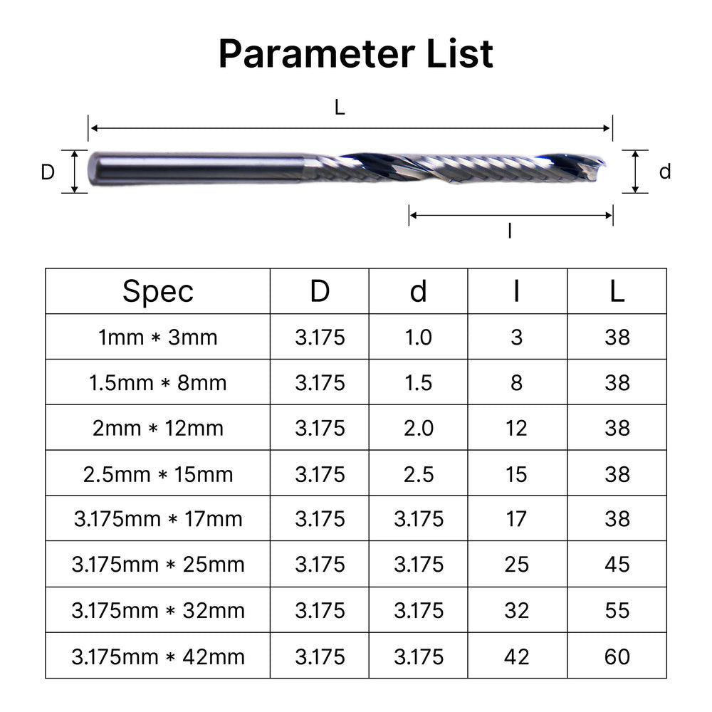 Single Flute Spiral End Mill Specs (1mm-3.175mm), 1/8" Shank Carbide CNC Router Bits for Acrylic, PVC, and Wood Milling