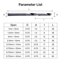 Single Flute Spiral End Mill Specs (1mm-3.175mm), 1/8" Shank Carbide CNC Router Bits for Acrylic, PVC, and Wood Milling